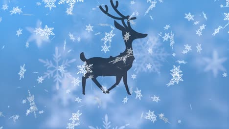 Digital-animation-of-snowflakes-falling-over-silhouette-of-reindeer-walking--against-blue-background