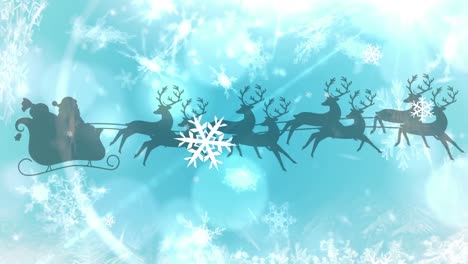 Digital-animation-of-spots-of-light-and-snowflakes-against-black-silhouette-of-santa-claus-in-sleigh