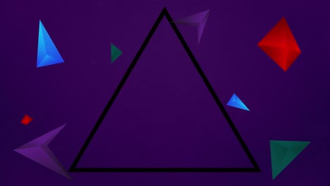 Digital-animation-of-triangle-shape-black-outline-and-multicolored-triangle-shapes-moving-against-pu