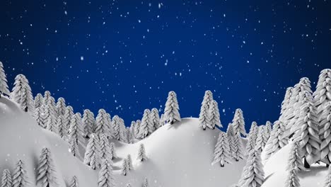 Digital-animation-of-snow-falling-against-trees-covered-in-snow-on-winter-landscape