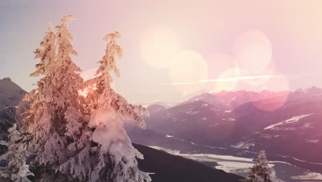 Animation-of-winter-scenery-landscape-with-light-spots-mountains-and-fir-trees-covered-in-snow