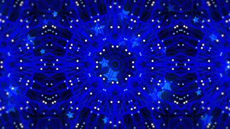 Digitale-Animation-Mehrerer-Leuchtender-Sterne,-Die-über-Violetten-Kaleidoskopischen-Formen-Schweben-Und-Sich-In-Hypnose-Bewegen