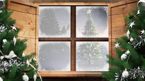 Digital-animation-of-christmas-trees-and-wooden-window-frame-against-snow-falling
