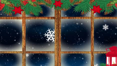 Digitale-Animation-Von-Weihnachtsdekoration-Und-Holzfensterrahmen-Vor-Fallenden-Schneeflocken