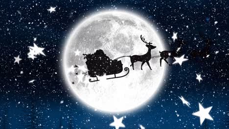 Digital-animation-of-snow-and-stars-falling-over-black-silhouette-of-santa-claus-in-sleigh