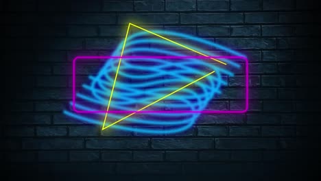 Digital-animation-of-rectangle-and-triangle-neon-shapes-over-wavy-lines-against-blue-brick-wall-in-b