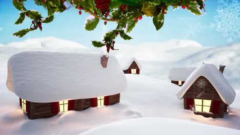 Digital-animation-of-snowflakes-falling-over-multiple-houses-covered-in-snow-on-winter-landscape