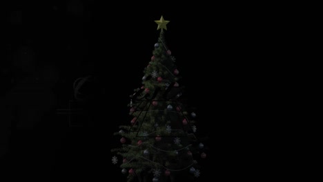 Animation-of-gold-glowing-christmas-text-over-christmas-tree-on-black-background