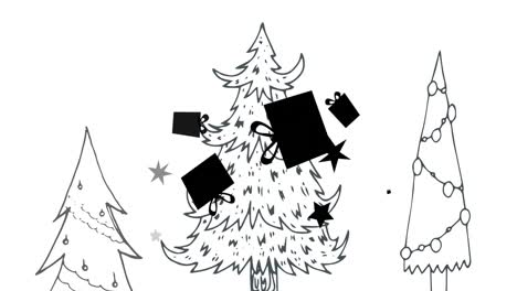 Animación-Digital-De-Cajas-De-Regalo-Moviéndose-Sobre-Tres-árboles-De-Navidad-Sobre-Fondo-Blanco.