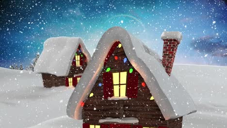 Digitale-Animation-Von-Schnee,-Der-über-Mehrere-Häuser-Und-Schneebedeckte-Bäume-In-Einer-Winterlandschaft-Fällt