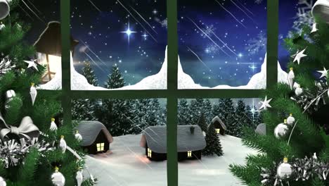 Digitale-Animation-Des-Fensterrahmens-Vor-Schnee,-Der-Auf-Häuser-Und-Bäume-In-Der-Winterlandschaft-Fällt
