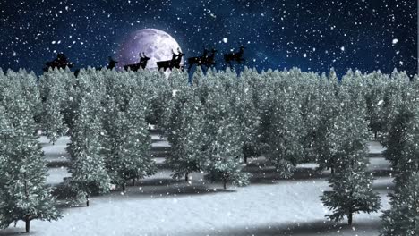 Digital-animation-of-snow-falling-over-trees-on-winter-landscape-and-black-silhouette-of-santa-claus