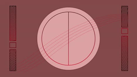 Digital-animation-of-wavy-lines-moving-against-circular-and-abstract-shapes-on-red-background