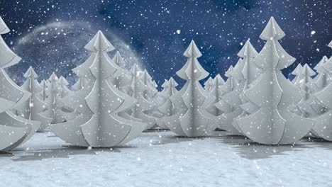Digital-animation-of-snow-falling-against-trees-covered-in-snow-on-winter-landscape-against-moon-in-