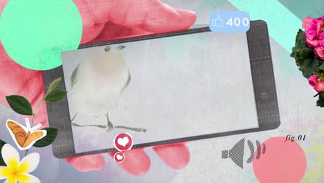 Animation-of-hand-holding-smartphone-with-social-media-thumbs-up-speech-bubble