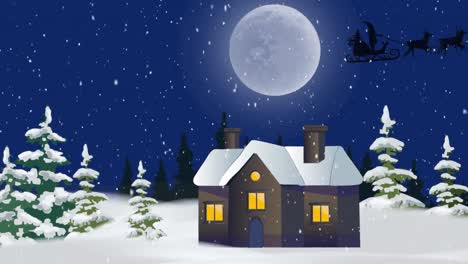 Digital-animation-of-snow-falling-over-winter-landscape-and-black-silhouette-of-santa-claus