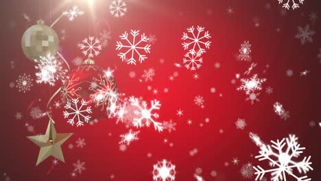 Digitale-Animation-Von-Schneeflocken,-Die-über-Hängende-Weihnachtsstern--Und-Kugeldekorationen-Fallen