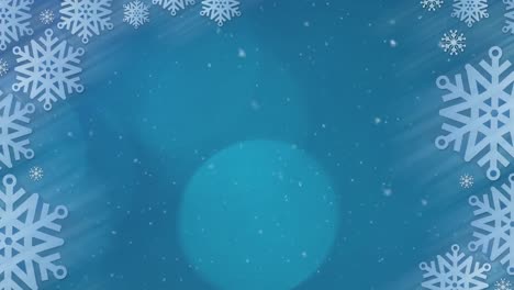 Animation-of-snowflakes-falling-with-glowing-light-on-blue-background