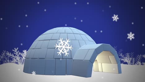 Digital-animation-of-snowflakes-falling-over-igloo-on-winter-landscape
