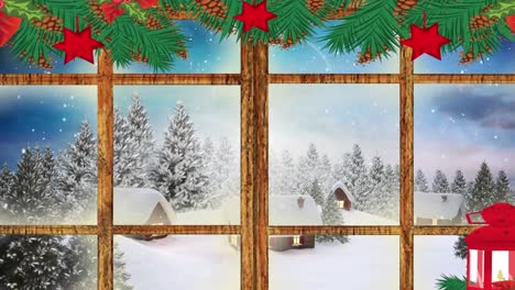 Animation-Von-Weihnachtsdekoration-Und-Winterlandschaft,-Gesehen-Durch-Das-Fenster