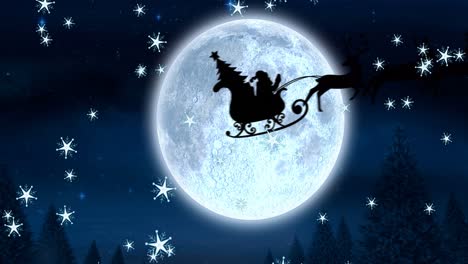Animation-of-silhouette-of-santa-claus-in-sleigh-being-pulled-by-reindeer-with-snow-falling-and-full