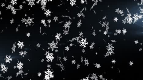 Digitale-Animation-Von-Schneeflocken,-Die-Gegen-Lichtpunkte-Vor-Schwarzem-Hintergrund-Fallen