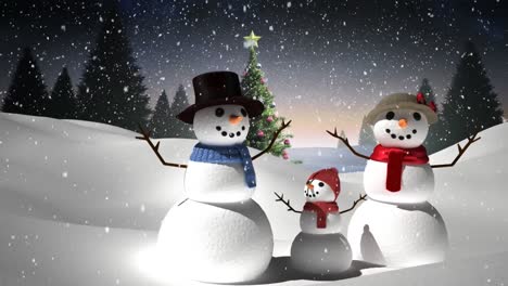 Animation-of-winter-scenery-with-three-happy-snowmen