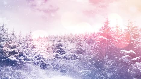 Digital-animation-of-snow-falling-over-trees-on-winter-landscape