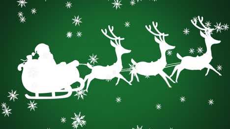 Animation-of-white-silhouette-of-santa-claus-in-sleigh-being-pulled-by-reindeer-on-green-background