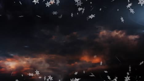 Animation-of-snowflakes-falling-and-fireworks-with-clouds-in-the-background