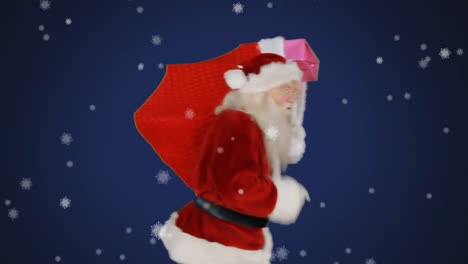 Digital-animation-of-snow-falling-over-santa-claus-carrying-gift-sack-with-finger-on-lips-against-bl