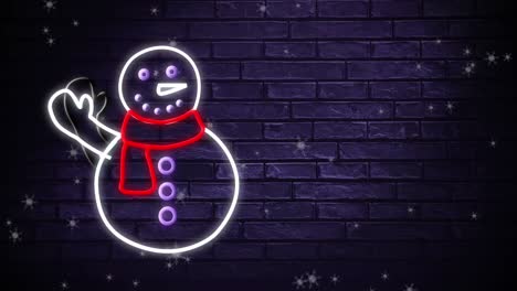 Digitale-Animation-Von-Schneeflocken,-Die-über-Einen-Neonfarbenen-Schneemann-Gegen-Eine-Violette-Ziegelwand-Fallen