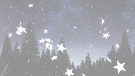 Digitale-Animation-Von-Weihnachtsbaum-Und-Holzfensterrahmen-Vor-Fallenden-Sternen