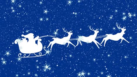 Animation-Der-Weißen-Silhouette-Des-Weihnachtsmanns-Im-Schlitten,-Der-Von-Rentieren-Gezogen-Wird,-Während-Schnee-Darauf-Fällt