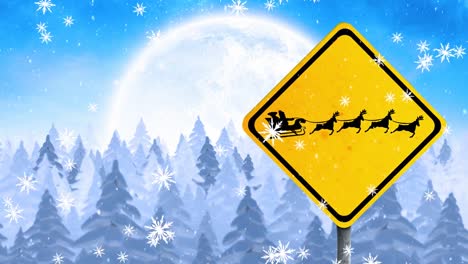 Digital-animation-of-snowflakes-falling-against-santa-claus-in-sleigh-being-pulled-by-reindeers