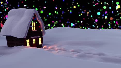 Digital-animation-of-house-covered-in-snow-on-winter-landscape-against-colorful-spots-moving