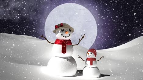 Digitale-Animation-Von-Schnee,-Der-über-Weiblichen-Und-Kleinen-Schneemann-In-Einer-Winterlandschaft-Vor-Dem-Mond-Fällt