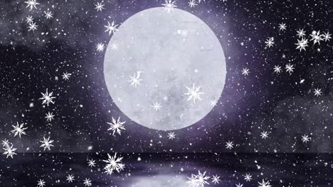 Digitale-Animation-Von-Schneeflocken,-Die-Am-Nachthimmel-Gegen-Den-Mond-Fallen