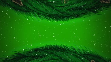 Digital-animation-of-christmas-wreath-decoration-against-snow--falling-on-green-background