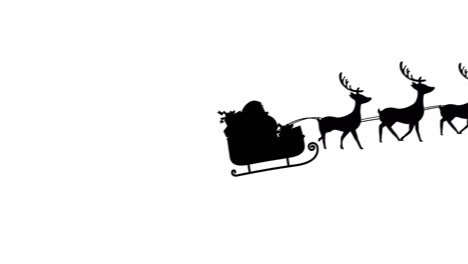 Digital-animation-of-black-silhouette-of-santa-claus-in-sleigh-being-pulled-by-reindeers-against-whi