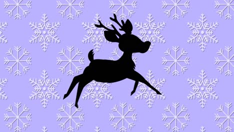 Digital-animation-of-black-silhouette-of-reindeers-running-against-snowflakes-moving