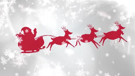 Digital-animation-of-red-silhouette-of-santa-claus-in-sleigh-being-pulled-by-reindeers