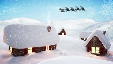 Digitale-Animation-Von-Schnee,-Der-über-Schneebedeckte-Häuser-Fällt,-Während-Der-Weihnachtsmann-Darüberfliegt
