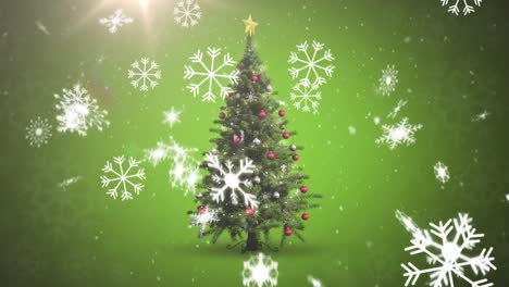 Digitale-Animation-Von-Schneeflocken,-Die-Gegen-Einen-Hellen-Lichtfleck-Und-Einen-Weihnachtsbaum-Fallen