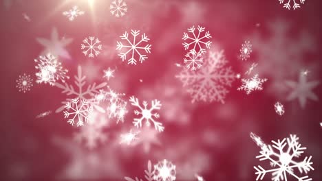 Animation-of-multiple-snowflakes-falling-on-red-background