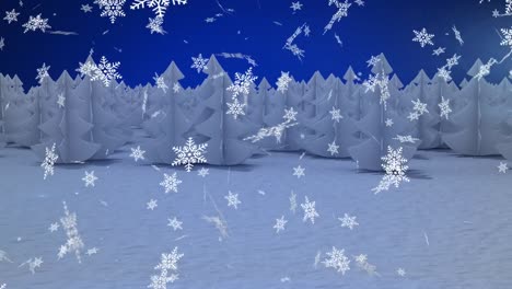 Digital-animation-of-snowflakes-falling-over-multiple-trees-on-winter-landscape