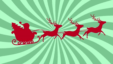 Animation-of-red-silhouette-of-santa-claus-in-sleigh-being-pulled-by-reindeer-with-green-stripes-spi