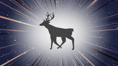 Digital-animation-of-snow-falling-over-black-silhouette-of-reindeer-running-against-light-trails