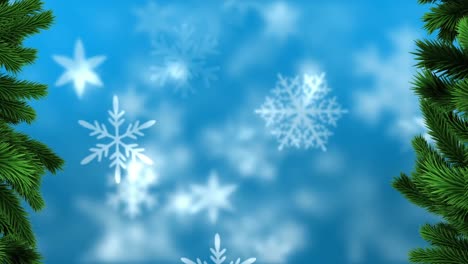 Digitale-Animation-Grüner-Zweige-Und-Schneeflocken,-Die-Sich-Vor-Blauem-Hintergrund-Bewegen
