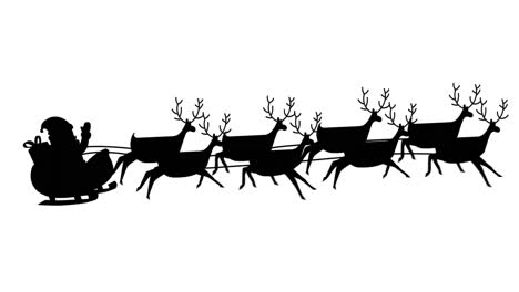 Animation-of-black-silhouette-of-santa-claus-in-sleigh-being-pulled-by-reindeer-on-white-background